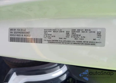 2025 Ram Promaster 1500 Tradesman Low Roof 118 Wb W/Pass Seat from USA, damaged, VIN 3C6LRVNG9SE530457